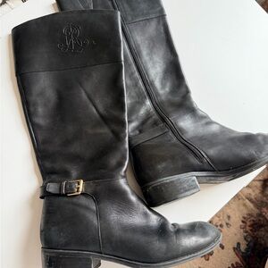 Ralph Lauren Black Leather Knee-High Heeled Boots